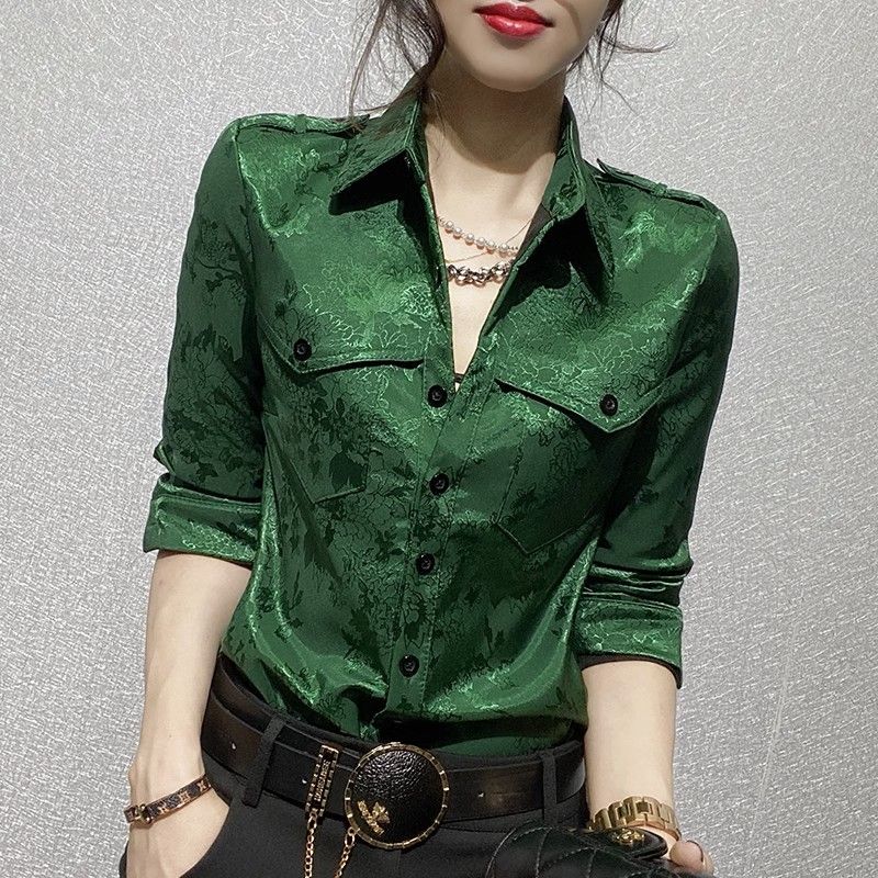 Women Formal Wear Outfits - 女性トップス春と秋のフル長袖女性のシャツブラウスオフィス服着用ボタンアップフォーマルルーズグリーン Xl
