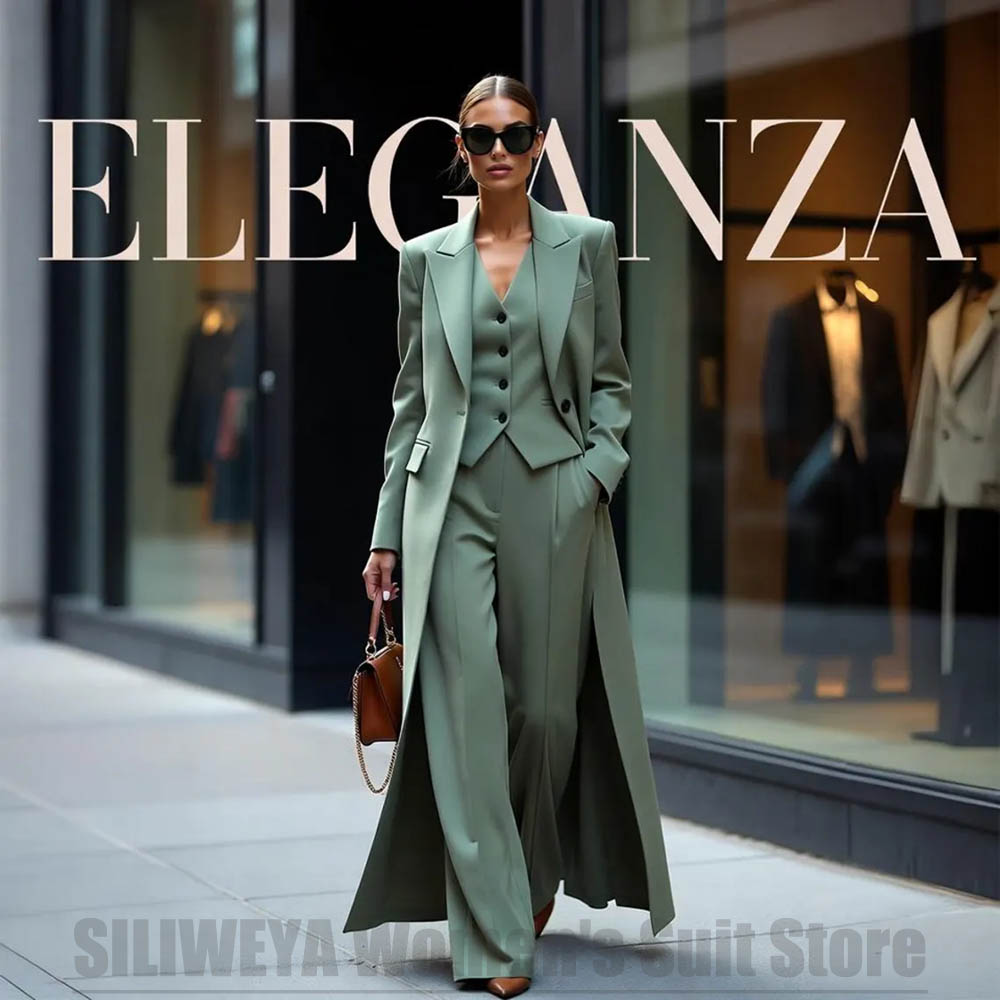 Women Formal Wear For Party - シックなレディーススーツ3点セット、ピークドラペル、ワンボタン、パーティ、フォーマル、ビジネス、オフィスウェア、ロングブレザー、ベスト、パンツ