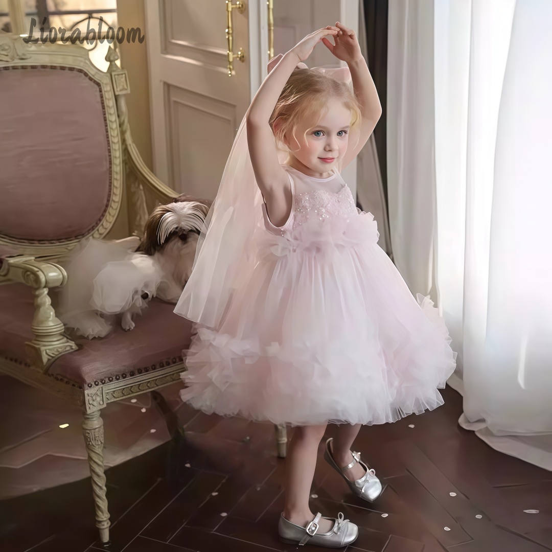 Women Formal Wear For Party - 女の子用チュールガウン レイヤードスカートデザイン フラワーガールドレス ウェディング衣装 女の子用フォーマルウェア パーティードレス