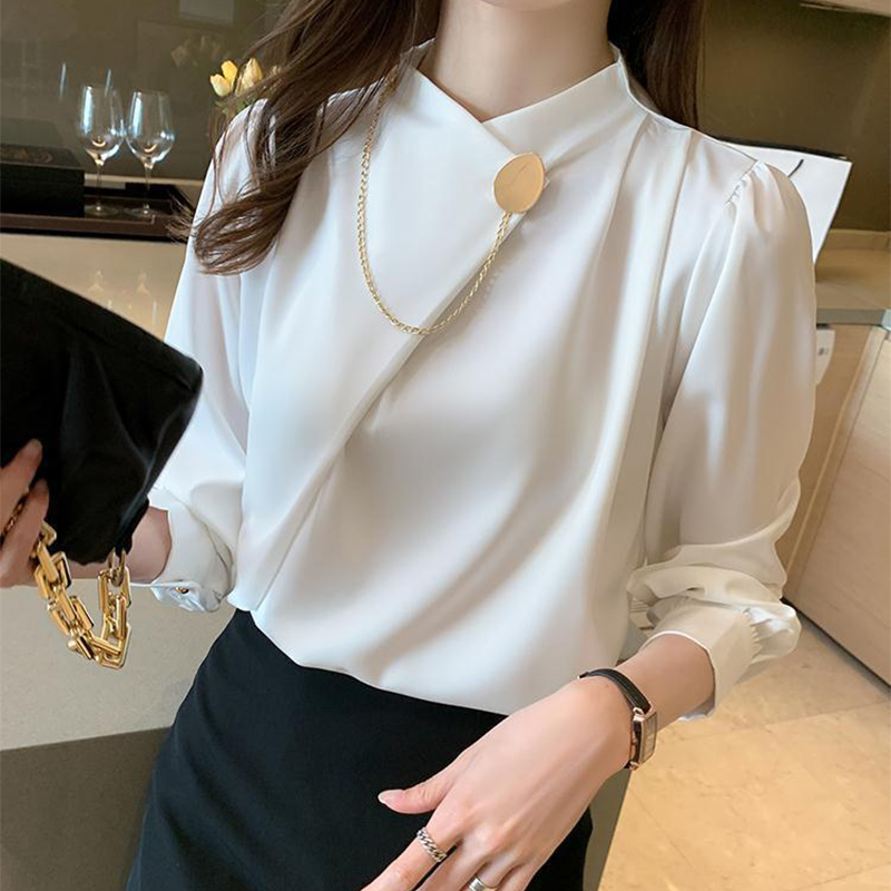 Women Formal Wear Winter - 無地エレガント長袖ワークウェアシャツ女性ファッションイレギュラーな美的Oネックシャツ新しい気質OLフォーマルシャツ