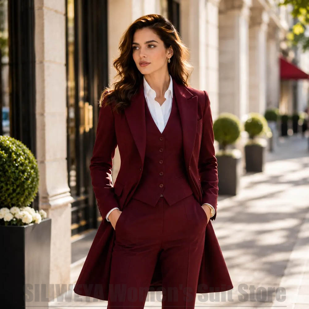 Women Formal Wear For Party - ファッショナブルな女性用3ピーススーツ、エレガントなピークドラペル、シングルブレスト、ロングブレザー、ベスト、パンツ、フォーマル、オフィス、カジュアル、パーティー向けの服装