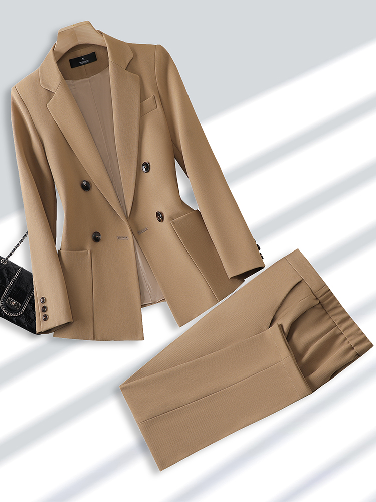 Women Formal Wear Winter - 女性のためのブレザーとズボンのスーツ、オフィス、ビジネス、仕事のためのフォーマルなパンツスーツ、女性のファッション、ベージュ、黒、カーキ、ポケット付き2ピースセット