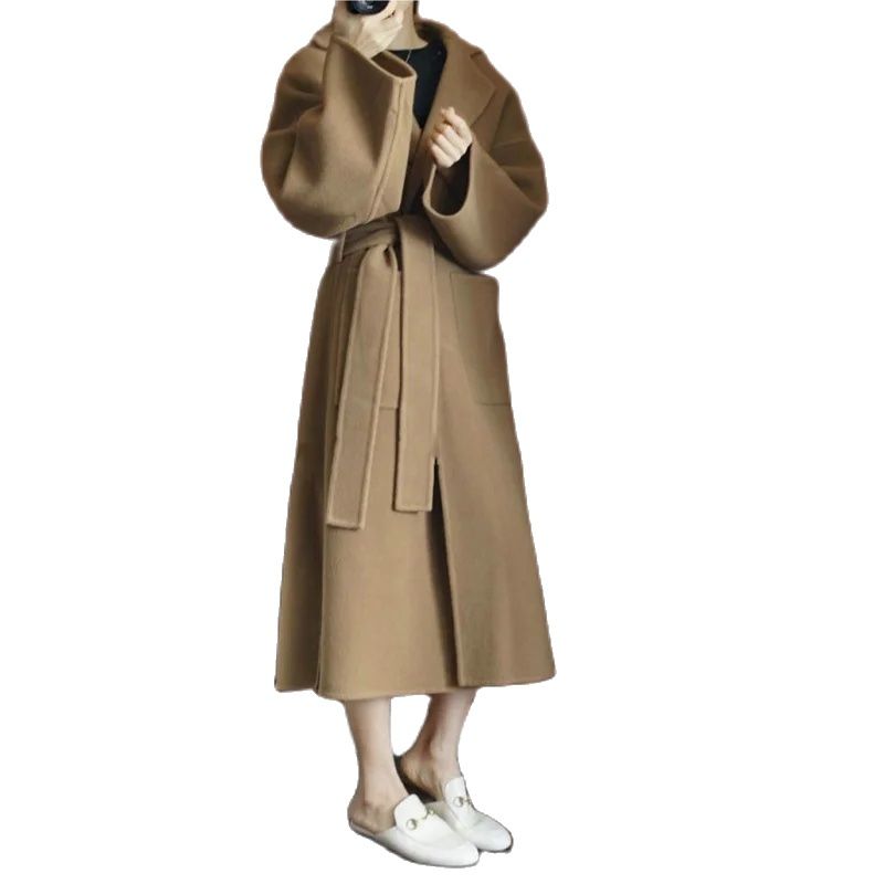Women Formal Wear Winter - エレガントなレディースロングコート、100％純毛、両面着用可能、快適なルーズフィット、サイドスリット入り、カジュアルとフォーマルな服装に。