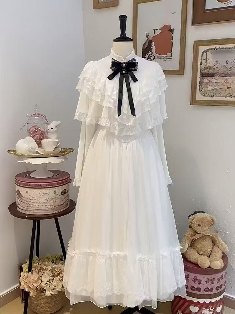 Women Formal Wear With Skirt - 半袖リボンレースドレス ホワイト スリム マキシスカート スイートスタイル 2025