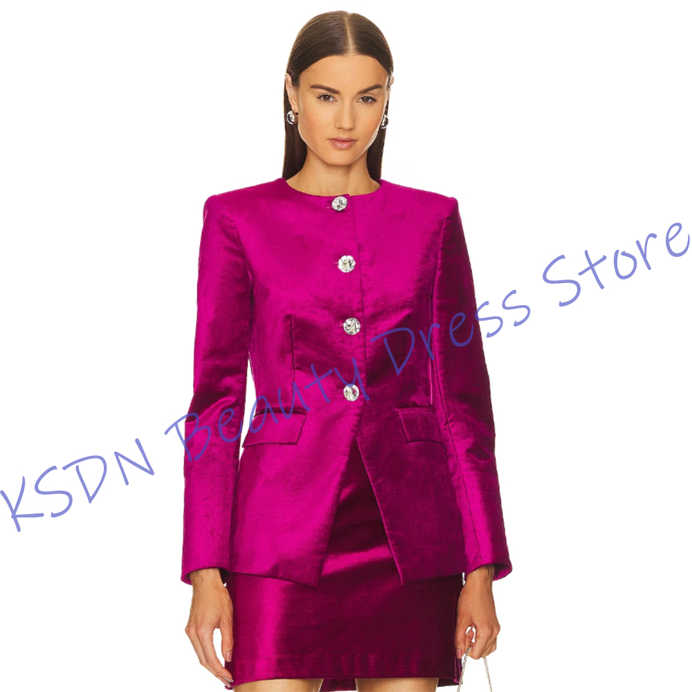 Women Formal Wear For Party - シックな女性用シングルブレストスーツ ホットピンクサテン ツーピース（ジャケット＋ミニスカート）セット エレガントなオフィスウェア イブニングパーティー衣装