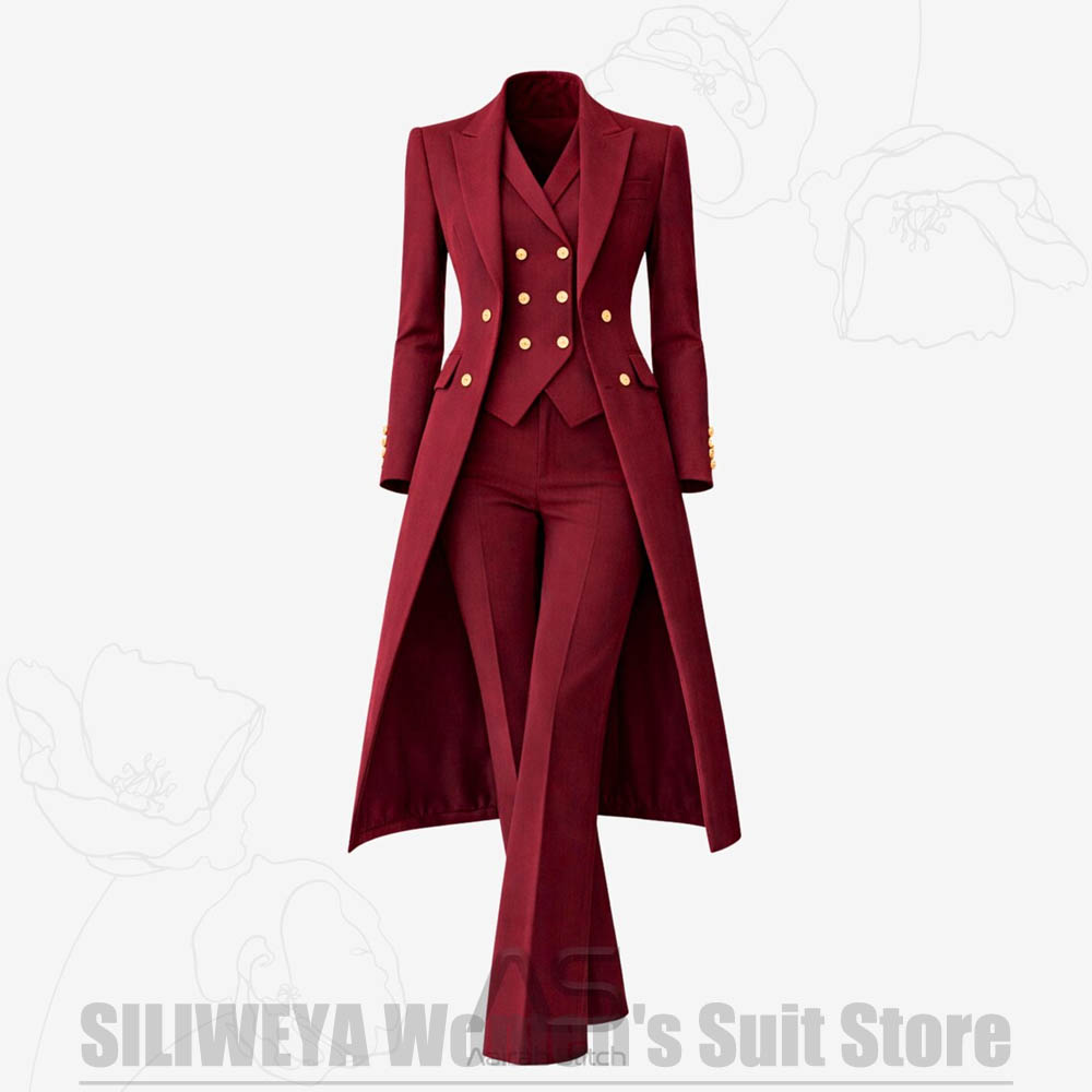 Women Formal Wear For Party - レディーススーツ 3ピース ダブルブレスト ロングコート ベスト パンツ
