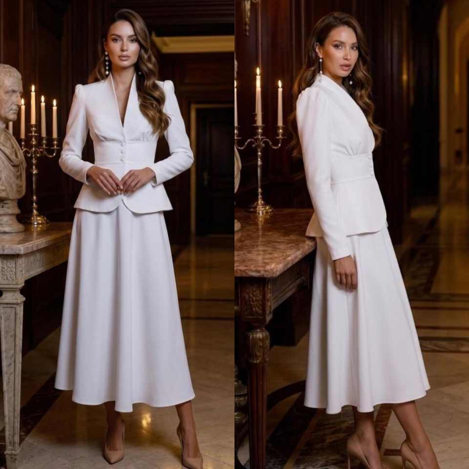 Women Formal Wear With Skirt - エレガントなツーピース女性スーツセットピークドラペルブレザーミディフレアスカートフォーマル教会ビジネスドレス Vestido De Fiesta カスタマイズ