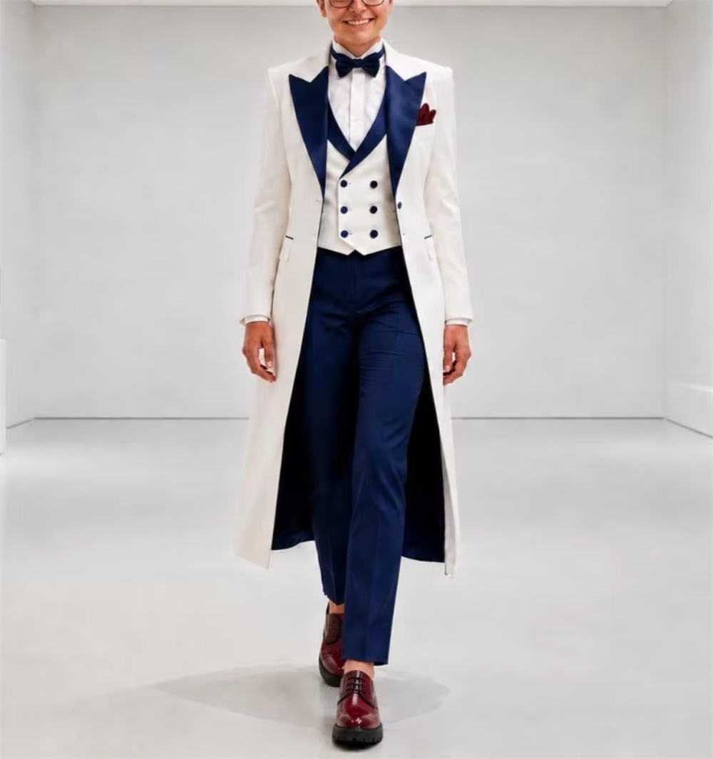 Women'S Formal Wear For Wedding - ネイビーブルーとホワイトのレディースジャケットスーツ エレガントなテーラードオフィスウェア 結婚式ゲスト用衣装 レディースブレザー（ジャケットのみ）