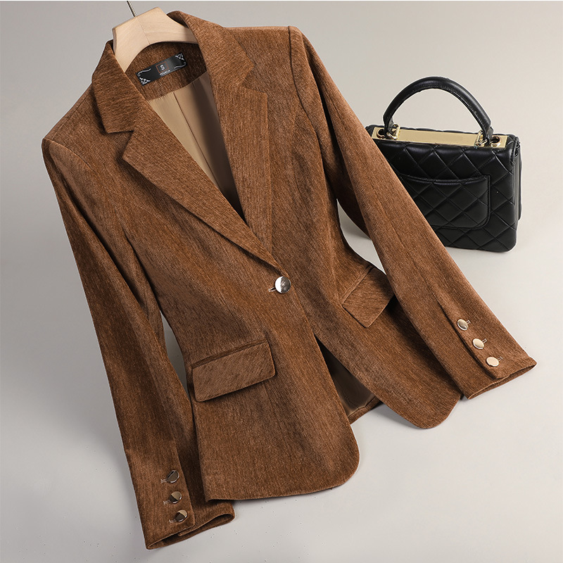 イエローゴールドベルベットブレザー女性秋冬カジュアルスーツフ - Women Formal Wear Winter のレビューと価格