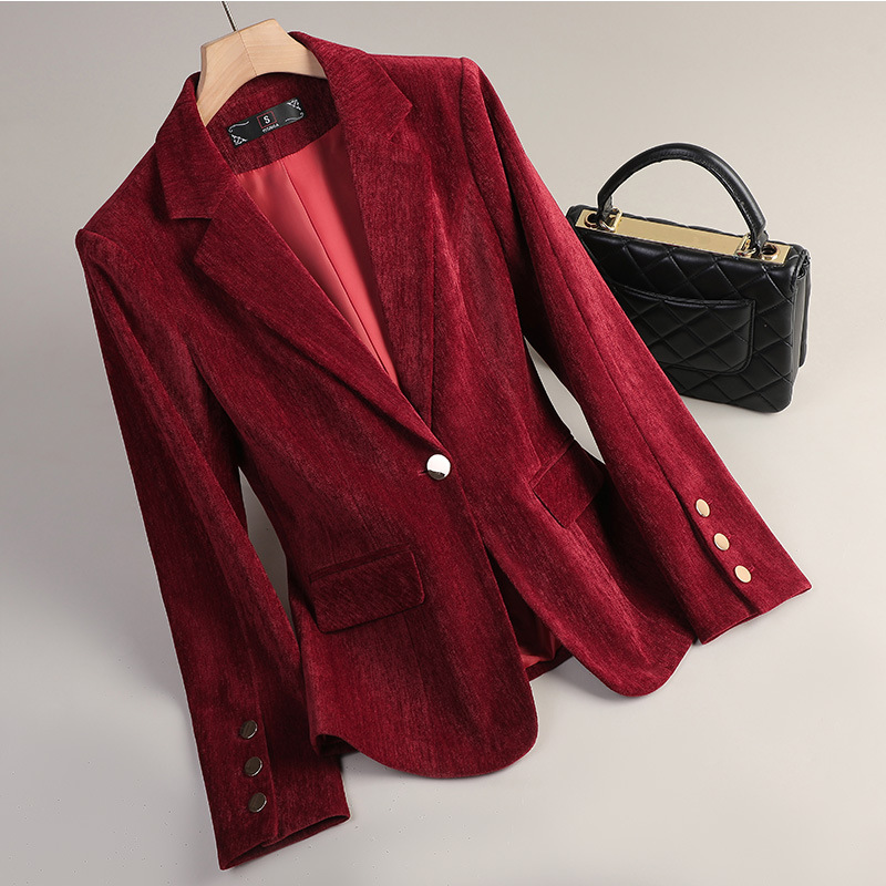 イエローゴールドベルベットブレザー女性秋冬カジュアルスーツフ - Women Formal Wear Winter のレビューと価格