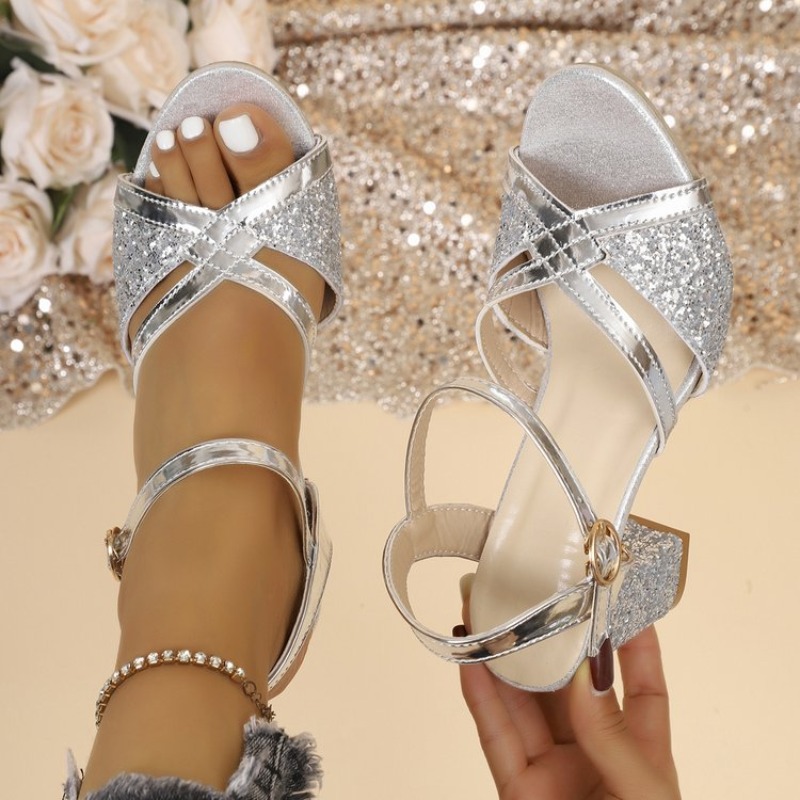 女性ブロックヒールサンダルゴールドキラキラクロスストラップア - Women'S Formal Wear For Wedding のレビューと価格