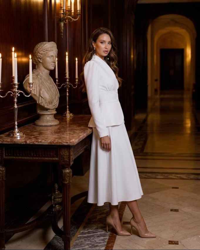 エレガントなツーピース女性スーツセットピークドラペルブレザー - Women Formal Wear With Skirt のレビューと価格